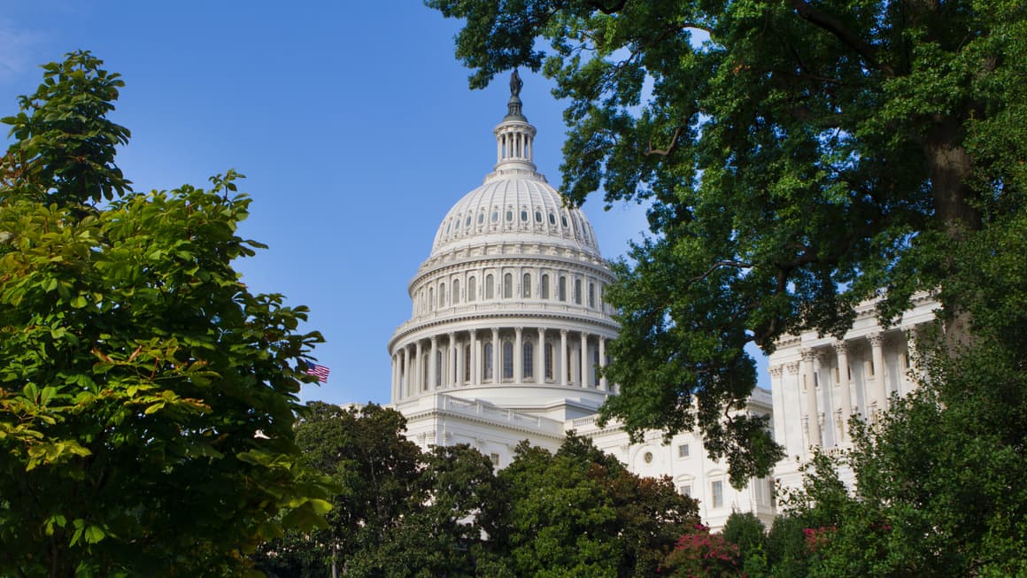 The United States Capitol Building, a white, neoclassical building with a dome on top. It is located in Washington, D.C., and is the seat of the United States Congress. The building is surrounded by trees and has a blue sky in the background.